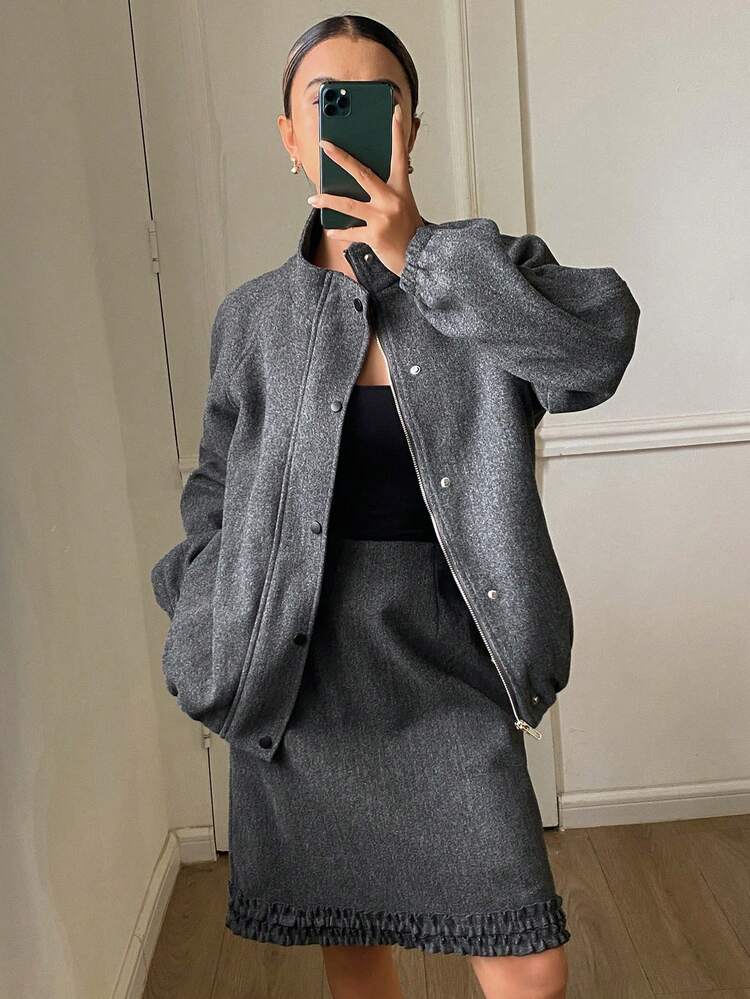 Women's Elegant Formal 2-Piece Set: Solid Color Loose Turtleneck Long Sleeve Wool Jacket And Straight Hem Flared Skirt, Autumn/Winter