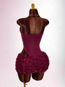 Y2K Amplova 2pcs Women's Sexy Avant-Garde Date Night Outfit, Twist Knot Butterfly Bust Waist Sheer Jumpsuit, Floral Print Skirt Slaydiva Dress Mini Dress Night Club Dress Sexy Birthday Dress - Burgundy - View 7