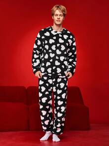 Notgurli 男士心形图案毛绒睡裤，情人节 - 黑色 - 查看 3