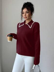 SHEIN Elenzya Women's Autumn/Winter Aniusta Casual Top, Suitable For Vacation, Independence Day, Labor Day, Columbus Day, Thanksgiving, Valentine's Day, Vintage, Scandinavian, Korean Style, Elegant, Versatile, Student, Teacher, Gothic, Office, Business Casual, Back To School Season, Embellished Collar Black Knit Sweater - Burgundy - View 3
