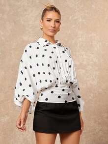 Lumalex 女士波点印花灯笼袖单排扣褶皱时尚衬衫 - 黑與白 - 查看 8