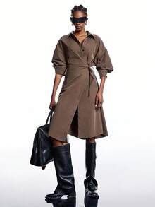 LYSMO Đầm midi tay dài xếp ly hở vai màu trơn dành cho nữ - Cà phê nâu - Xem 4