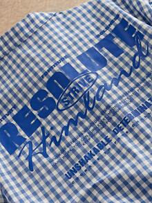 HIMLAND 男士休闲格子字母印花前扣短袖衬衫，夏季 - 藍色 - 查看 2