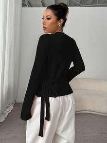 Flirla 系带宽松休闲百搭女式开衫 - 黑色 - 查看 2