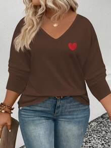 EMERY ROSE 女士爱心印花V领长袖加大码T恤，秋冬季流行款 - 咖啡棕 - 查看 5