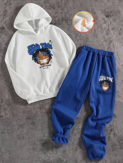 SHEIN Coolqubz 两件套休闲卡通人物字母印花连帽卫衣和弹力腰慢跑裤套装，宽松舒适，百搭，适合青少年男孩，秋/春/冬皆宜，日常穿着、通勤、户外、运动、上学、街头风、派对、摄影等场合皆可。