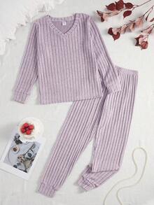 SHEIN Girls Ribbed Knit V-Neck Long Sleeve Pajama Set, Casual Loungewear For Autumn/Winter - Mauve Purple - View 1
