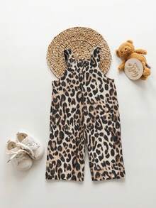 SHEIN Babygirl Chic Leopard Print Jumpsuit, Versatile All-Match Style Suitable For Indoor, Outdoor Skiing, Daily Wear, Sports, Play, Party, Photography, Christmas Season - Apricot - View 2