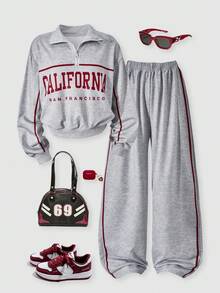 SHEIN Explorewe Tween Girls 2 Pieces Casual Set,Letter Print Stand Collar Sweatshirt & Pants,Light Grey,Autumn,School,Back-To-School,Sports Daily Wear Spring Outfit - Grey - View 1