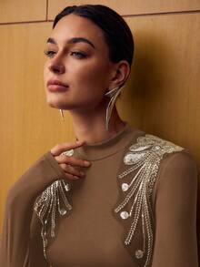 MOTF PREMIUM WOMEN'S LONG SLEEVE SEQUIN BEADED EMBROIDERED BASE LAYER T-SHIRT - Brown - View 1