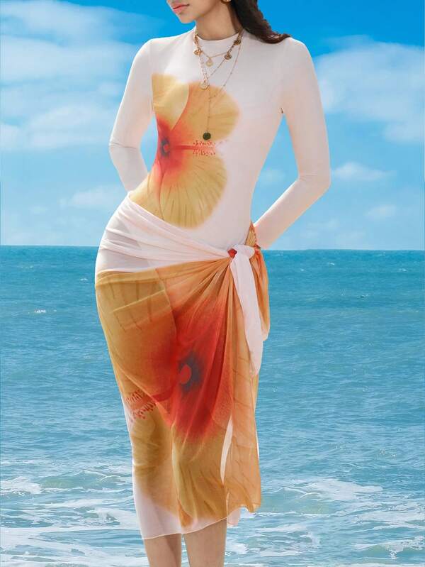 Swim Shayni 2pcs Floral Print Women's Fashion Long Sleeve Removable Padded Tankini Top And Long Skirt Burkini Swimsuit Set, Spring/Summer Swimsuits For Woman Modest Long Sleeve Bathing Suit Women Beach Outfits For Woman Set Hawiian Outfit Women Two Piece Set Women Summer Resort Wear