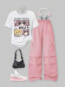 SHEIN ChillGRL 2件套青少年女孩休闲动漫女孩图案T恤和阔腿工装裤套装