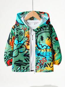 Fantacosmos 1pc Young Boy Casual Minimalist Street Graffiti Print Long Sleeve Jacket, Fashion Casual Design, Suitable For Summer Wear, Suitable For 4-7 Years Old Boys Daily Wear Fall Winter