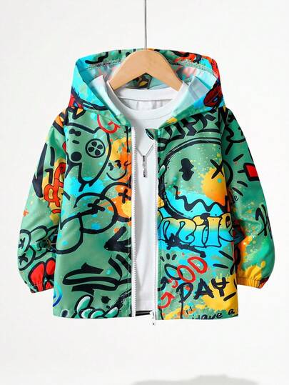 Fantacosmos 1pc Young Boy Casual Minimalist Street Graffiti Print Long Sleeve Jacket, Fashion Casual Design, Suitable For Summer Wear, Suitable For 4-7 Years Old Boys Daily Wear Fall Winter