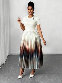 Maweii 大码女式优雅休闲派对及日常穿着圆领渐变短袖褶皱飘逸收腰连衣裙，春秋季 - 彩色 - 查看 4