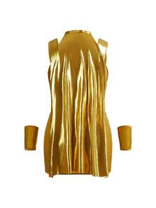Fantasy Costume Plus Size Sexy Goddess Cosplay Costume Set: Reflective Metallic Top + Cape + G-String + Mini Skirt + Arm Sleeves (6 Pcs) - Gold - View 10