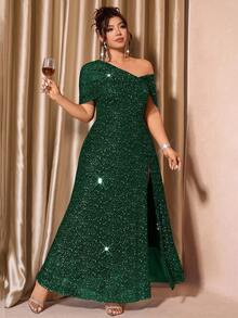 Cravure Váy lưới vai kim loại thời trang mới cỡ lớn dành cho nữ - Màu xanh lá cây đậm - Xem 4