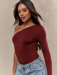 MISSGUIDED One Shoulder Long Sleeve Asymmetric Bodysuit For Evening Party Occasion Fitted Top - Burgundy - View 3