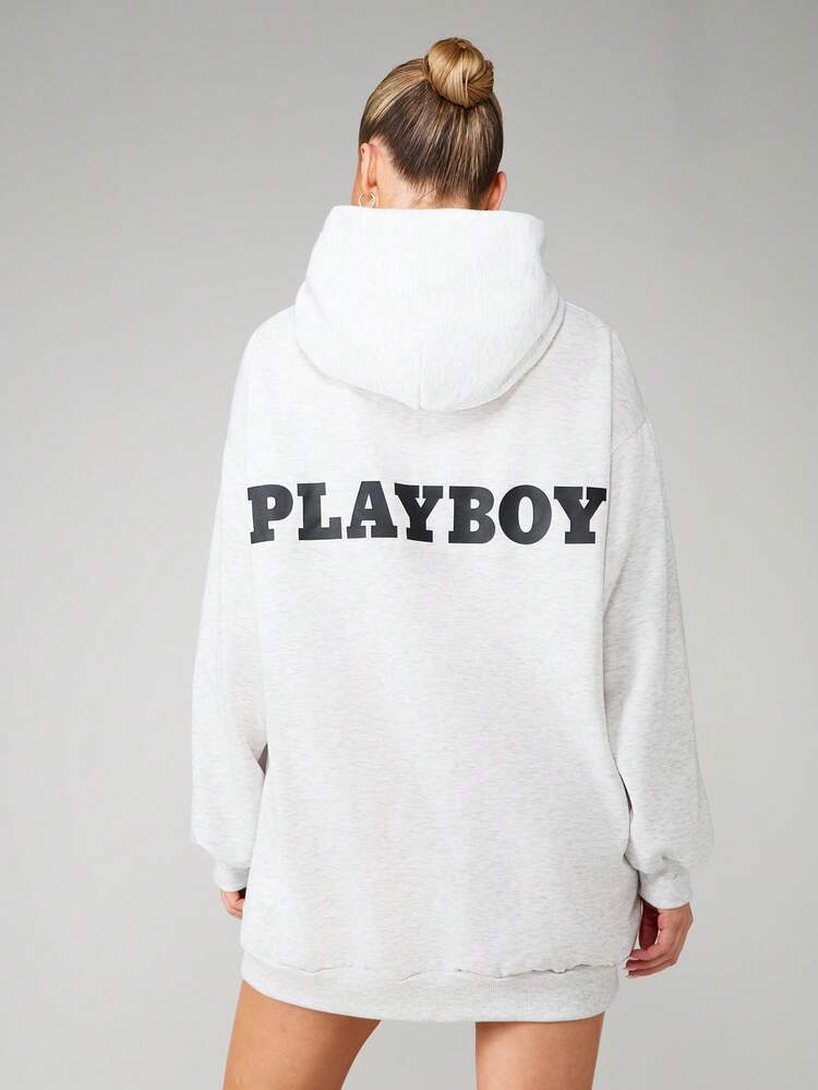 Missguided x Playboy Oversized Hoodie Dress With Front Chest Print And Back Logo Long Sleeve Mini Sweatshirt Dress Fall Winter Casual Streetwear