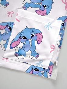 PopScrub 可爱兔子卡通印花V领短袖女式时尚制服上衣 - 彩色 - 查看 3