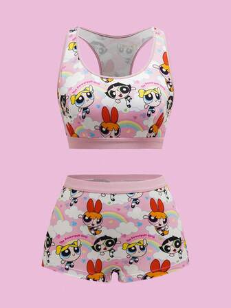 THE POWERPUFF GIRLS X SHEIN Kvinnors söta tecknade regnbågsmönster med brottarrygg och bygelfria BH och boyshorts