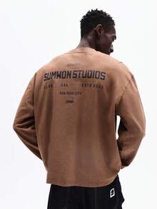 SUMWON Men's Long Sleeve Crew Neck T-Shirt With Back Text Print Regular Fit Cotton Casual Streetwear Typography Design Fall Winter - Khaki - View 6