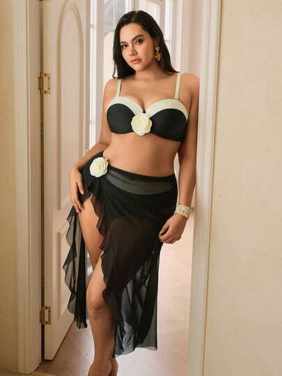 Swim Chiccia Plus Size Women 3-Piece Set: Fashionable Casual Bikini Set With Floral Print, Underwire Bra, And Long Mesh Skirt, Suitable For Holiday And Daily Wear