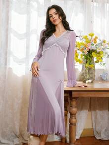 Côtesoire French Elegant Soft Contrast Lace Satin Ladies' Nightgown,Long Sleeve Purple Night Gown For Women,Autumn Winter Evening Sleep Loungewear - Purple - View 1