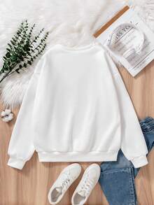 SHEIN Tween Girl Casual Christmas Reindeer Print Round Neck Drop Shoulder Sweatshirt, Autumn/Winter - White - View 2