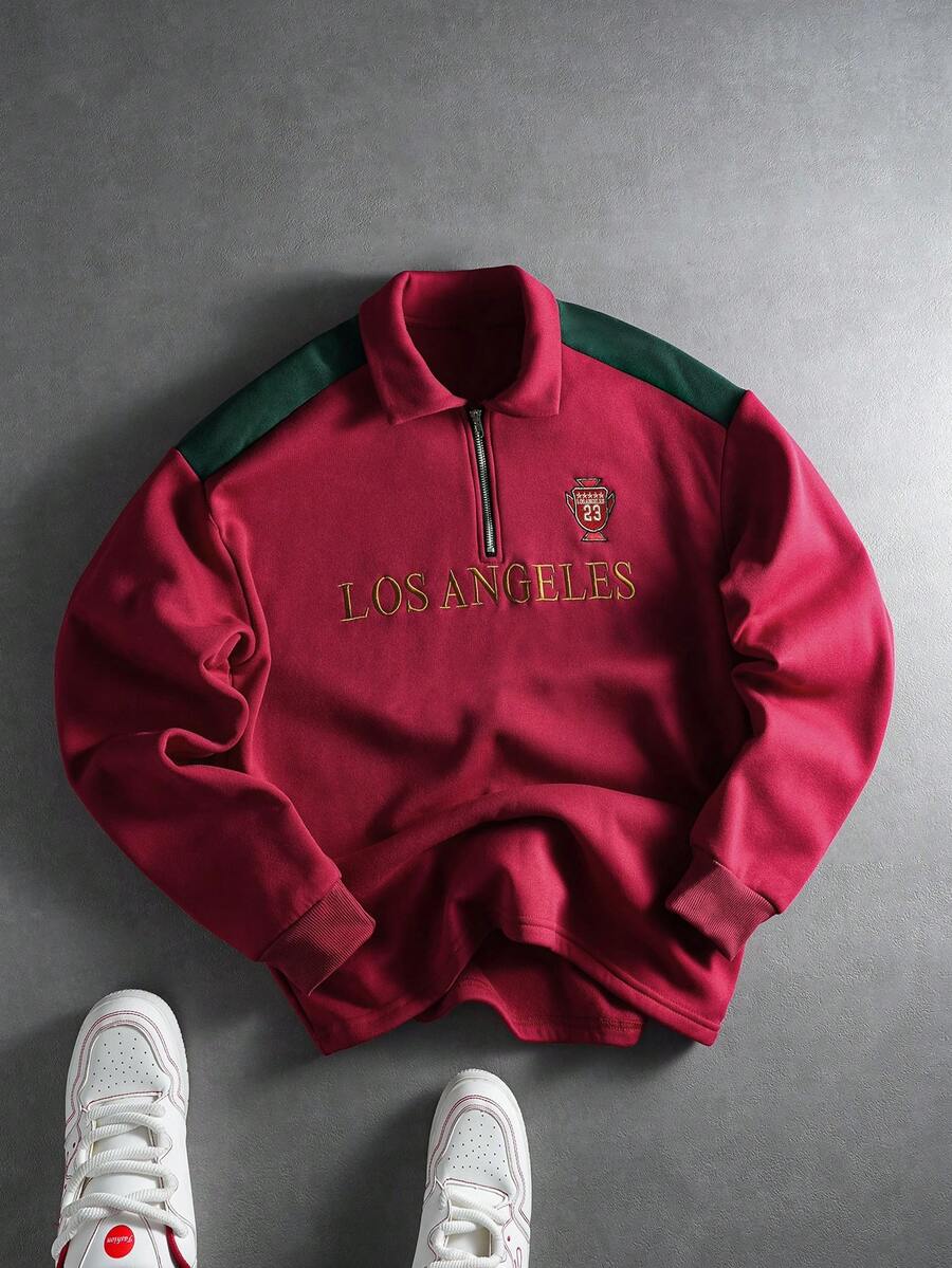 Manfinity Campus Court Aesthetic Post--Men's Letter Embroidered Long Sleeve Zip Design Loose Polo Shirt,Streetwear,Friends,Matching,Baggy,For Men,Graphic,Japanese Style,Unisex,I Love My Girlfriend Red Sweatshirt Burgundy Hoodie Sweatshirt Mens Quarter Zip Half Zip Sweatshirt Men - Burgundy - View 1