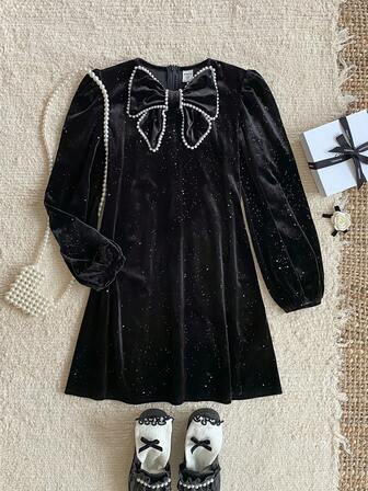 PrepCrw 1pc Tween Girls Elegant Urban Cute White Pearl Decor Big Bow Black Crew Neck Long Sleeve Velvet Dress, Suitable For Home, Daily Wear, Christmas, Holidays, Autumn/Winter Black Sparkly Velvet Dress Black Dress With Bow Girls Black Dress Girls Black Velvet Dress With Pearls Girl Velvet Dress Fall,Holiday ,Christmas
