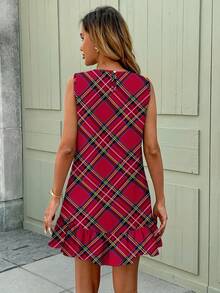 SHEIN LUNE 休闲简约风红色撞色格纹印花女式迷你连衣裙，适合派对、复古风、百搭风、学院风、返校季等场合 - 彩色 - 查看 2