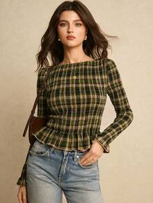Poéselle 女士时尚休闲格子图案船领长袖衬衫，绿色上衣，优雅女式衬衫，休闲女装，新年女装，适合日常穿着、外出、通勤，秋冬格子上衣 - 綠色 - 查看 1