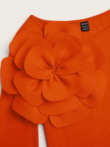 SHEIN Clasi 女士标准尺码圆领收腰花卉装饰优雅修身连体衣 - 橘色 - 查看 5