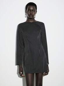 Lumivelle 女士时尚条纹圆领低腰带长袖修身连衣裙 - 黑色 - 查看 6