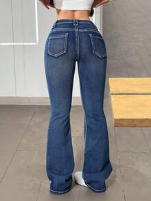 青少年女孩Y2K休闲水洗纯色低腰宽松喇叭牛仔裤，男友风牛仔裤，万圣节服装，秋季服装，圣诞节裤装，秋季穿搭，女孩秋冬返校季牛仔裤，女孩喇叭裤街头复古穿搭，舒适百搭，适合13-16岁女孩，适合上学、居家和旅行，贴袋宽松修身休闲百搭牛仔裤，女士感恩节穿搭 - 淺色水洗藍 - 查看 2