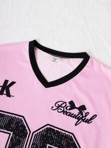 SHEIN ChillGRL Tween Girl Numeric Print V-Neck Short Sleeve Top And Graffiti Print Denim Effect Long Pants Casual Summer Outfit, School, Campus, College - Pink - View 4