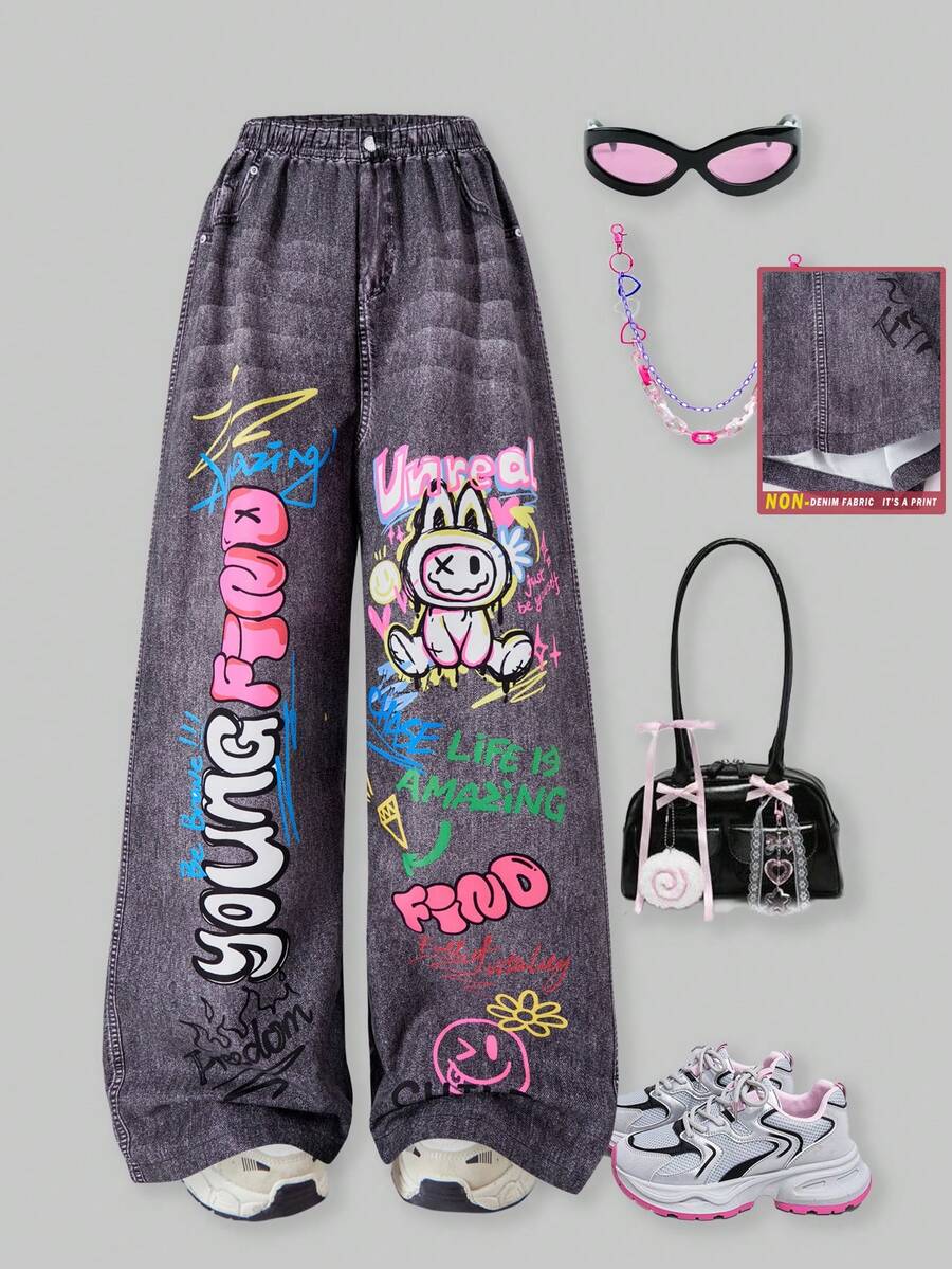 SHEIN ChillGRL Tween Girls' Cute Cartoon Rabbit Print Wide Leg Pants - Dark Grey - View 1