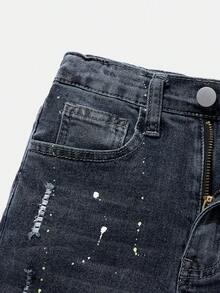 Coolqubz Tween Boys 舒适街头时尚棉质泼墨印花破洞牛仔裤，纯色浅灰色破洞牛仔裤，适合派对和街头穿着