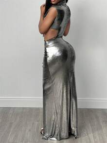 BamGleam Fashionable Sexy Metallic Cutout Dress - Silver - View 2