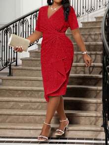 Fleurora 春夏优雅金色复古工作婚礼招待会情人节新年派对针织深V领水钻荷叶边新款修身连衣裙大码连衣裙正式舞会礼服 - 紅色 - 查看 3