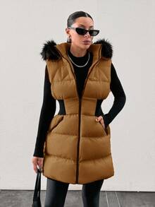 Padded Vest With Furry Hood And Adjustable Waist, Two Side Pockets, Thick And Fashionable Puffer Jacket, Quilting Details - Brown - View 5