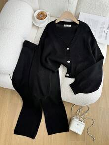Sparklyn 2pcs Tween Girls Minimalist Knit Cardigan And Pants Set Knit Set Black Knit Set 2 Piece Knit Set Tween Matching Set Knit Girl Knit Set Black Suit For Girls 3 Piece Set Tween