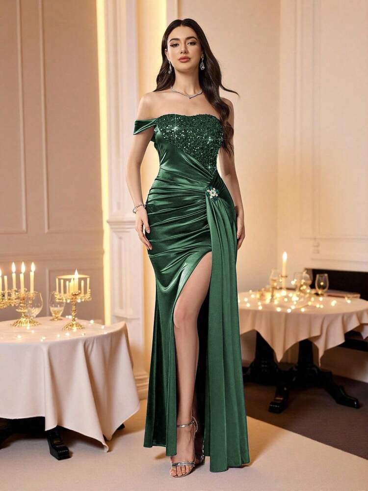 Coutiva Vestido de noche formal de mujer con patchwork de lentejuelas y abertura alta - Verde Oscuro - Añade 8