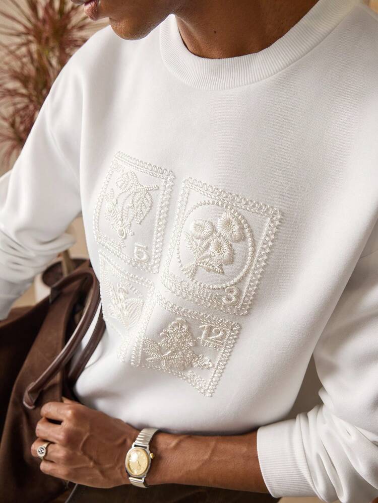 Felpa casual da uomo con scollo a giro, manica lunga, vestibilità ampia, ricamo traforato