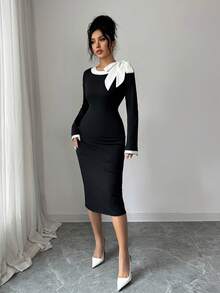 EMERY ROSE Đầm dài tay họa tiết nơ khối màu dành cho nữ - màu đen - Xem 6