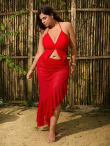 Swim Oasis 大码纯色三件套泳衣，带网纱裙，简约设计，女士款 - 紅色 - 查看 5