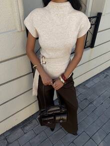 Siren Gaze Women's Versatile Cream Waist Belt For Women Featuring A Stylish Gold Statement Buckle Stand Collar Batwing Short Sleeve Waist Metal Design Casual Knit Top Buckle Top Summer Tops Women Summer Outfits Spring Break Outfits Going Out Tops For Women - Apricot - View 7