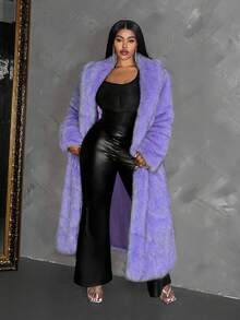 Maweii 大码女式纯色翻领长袖宽松仿皮草外套 - 淡紫色 - 查看 4