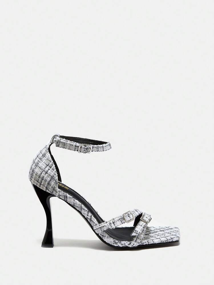 Thin Heel Woolen Strip Band Open Toe Back Strap Sandals With Square Toe